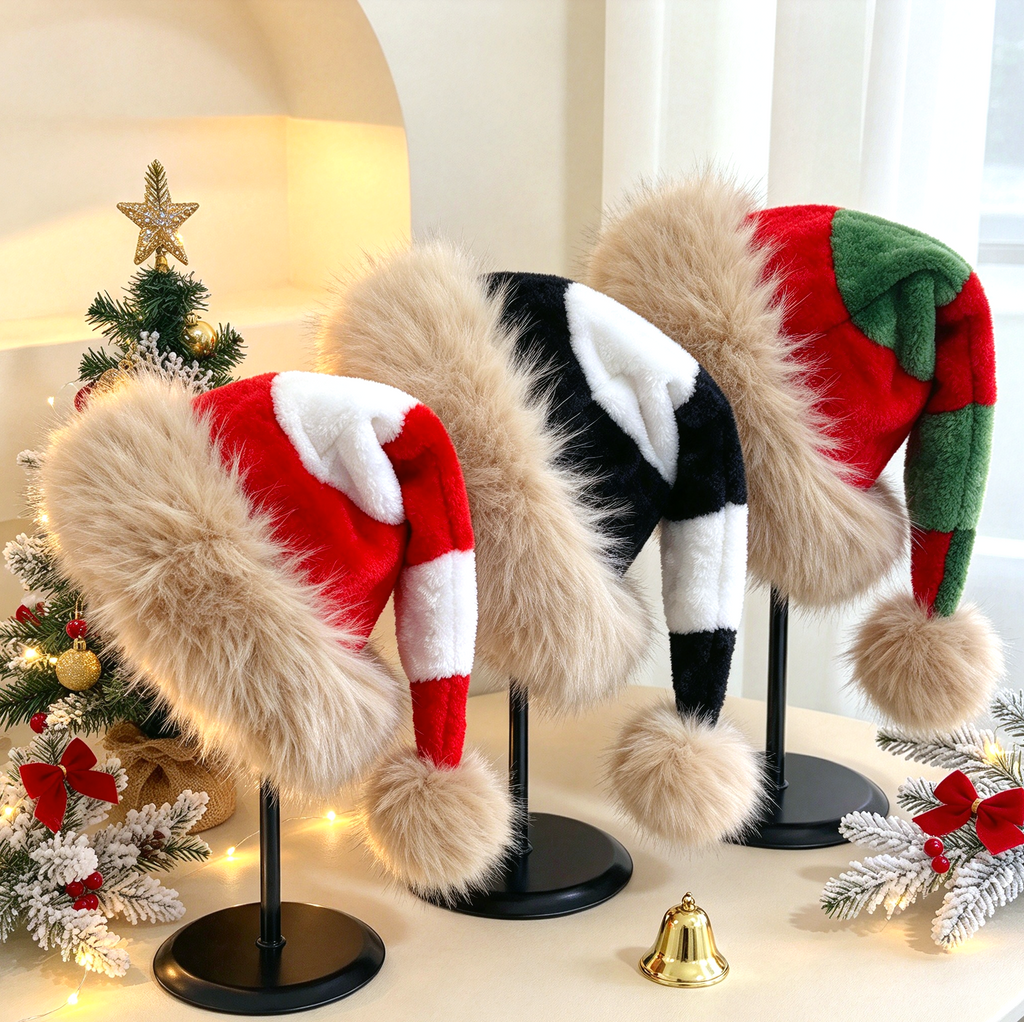 Shaggy Faux Fur Brim Santa Beanie with Long Tail - view 1