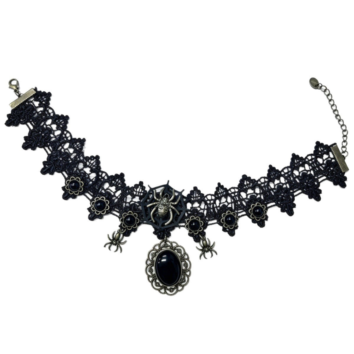 Black Lace Spider Cameo Choker Necklace - Black