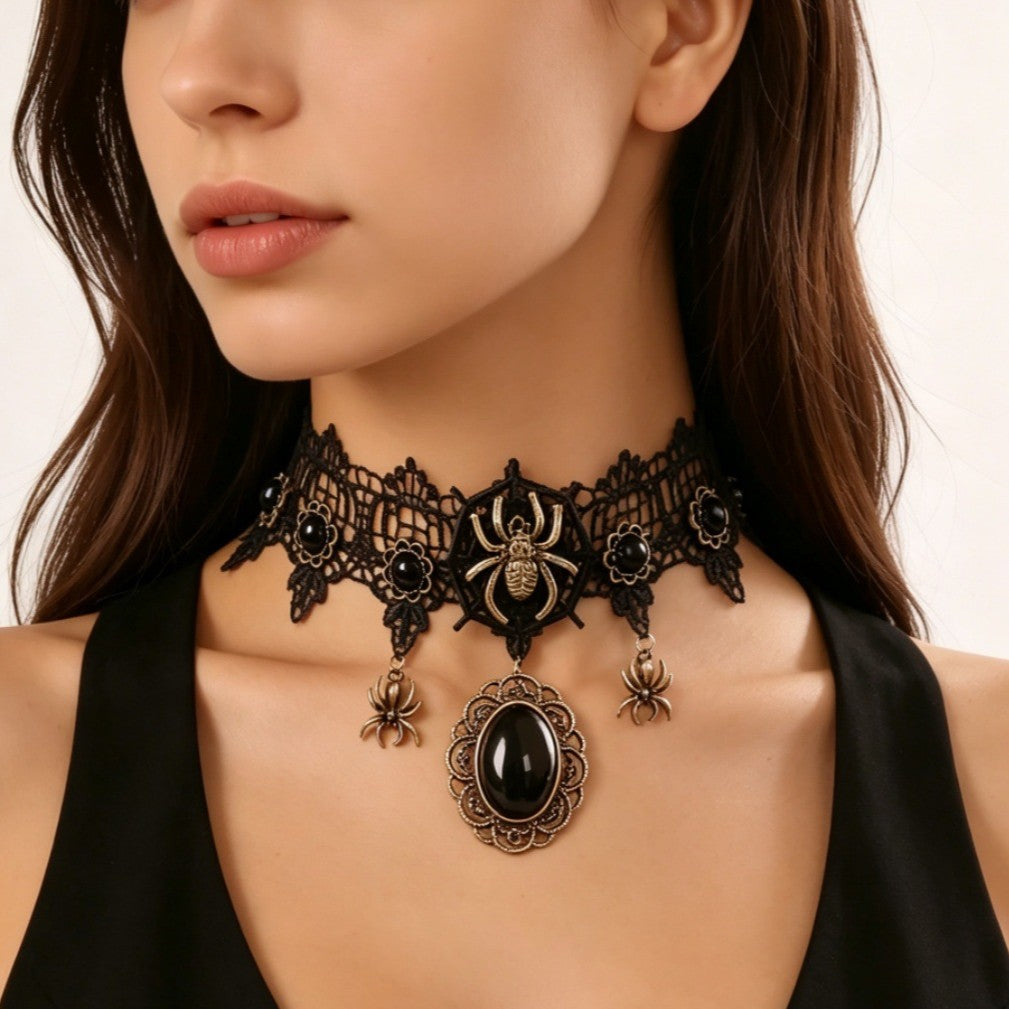 Black Lace Spider Cameo Choker Necklace