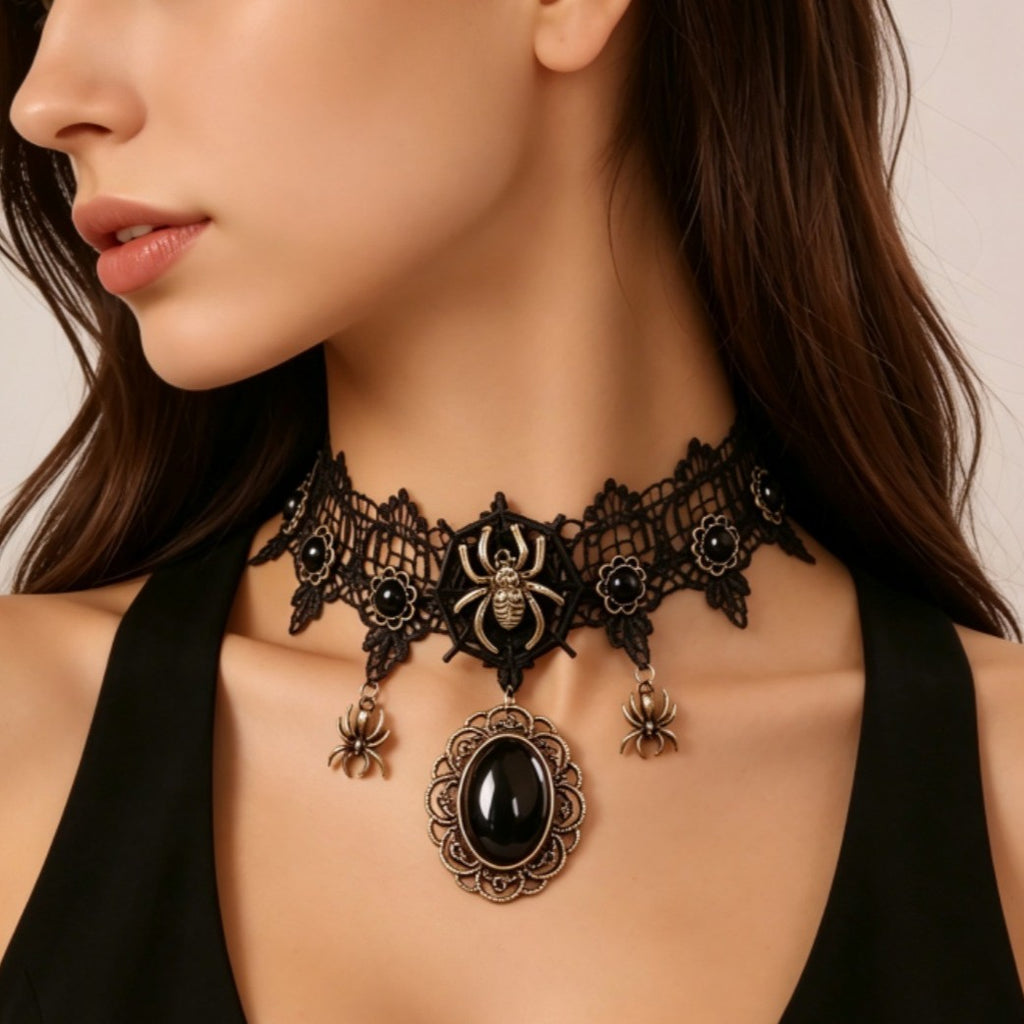 Black Lace Spider Cameo Choker Necklace - view 2