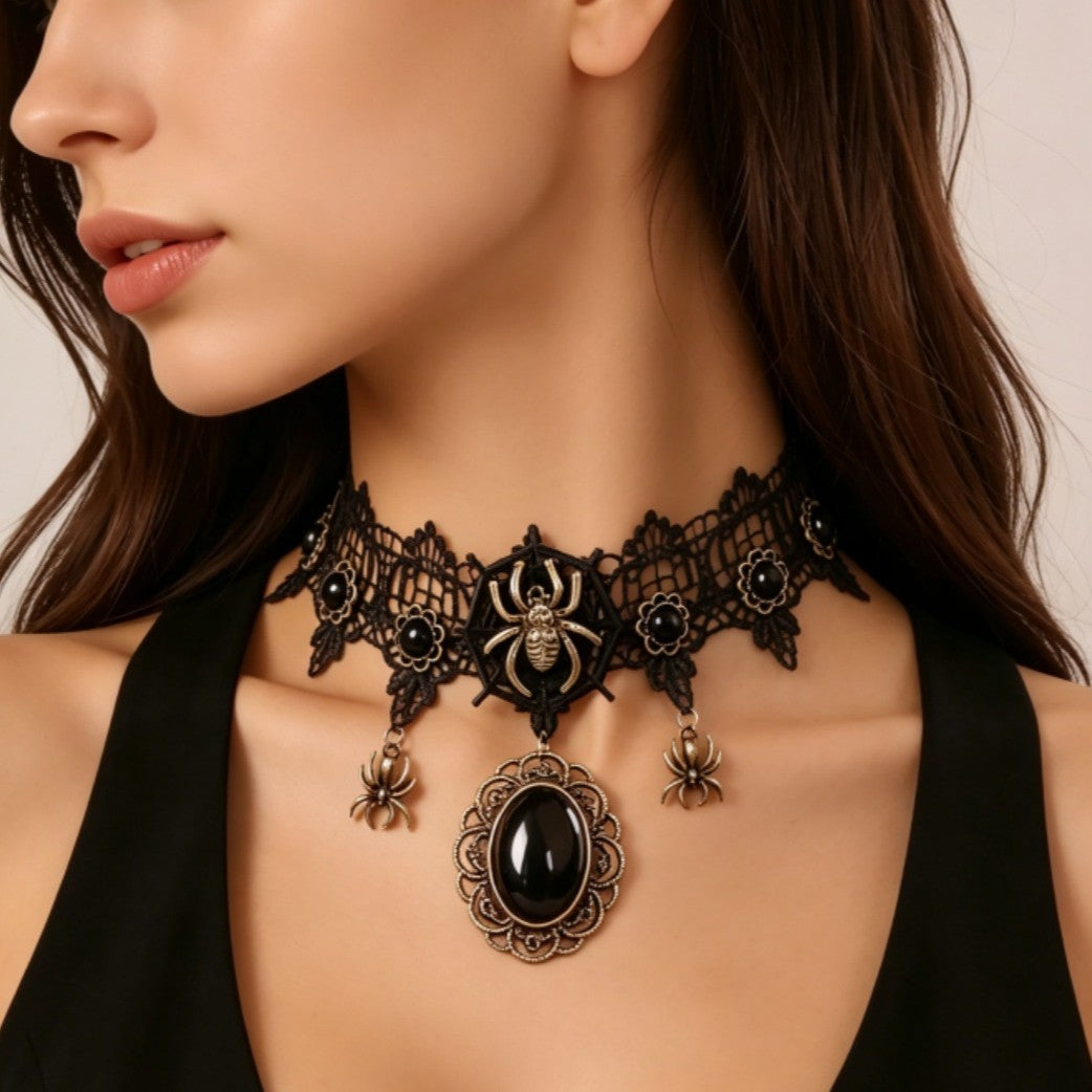 Black Lace Spider Cameo Choker Necklace - view 2