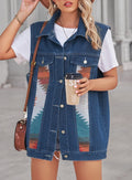 Aztec Panel Longline Denim Vest - Darkblue