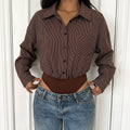 Pinstripe Oversized Button Down Shirt Bodysuit - Brown