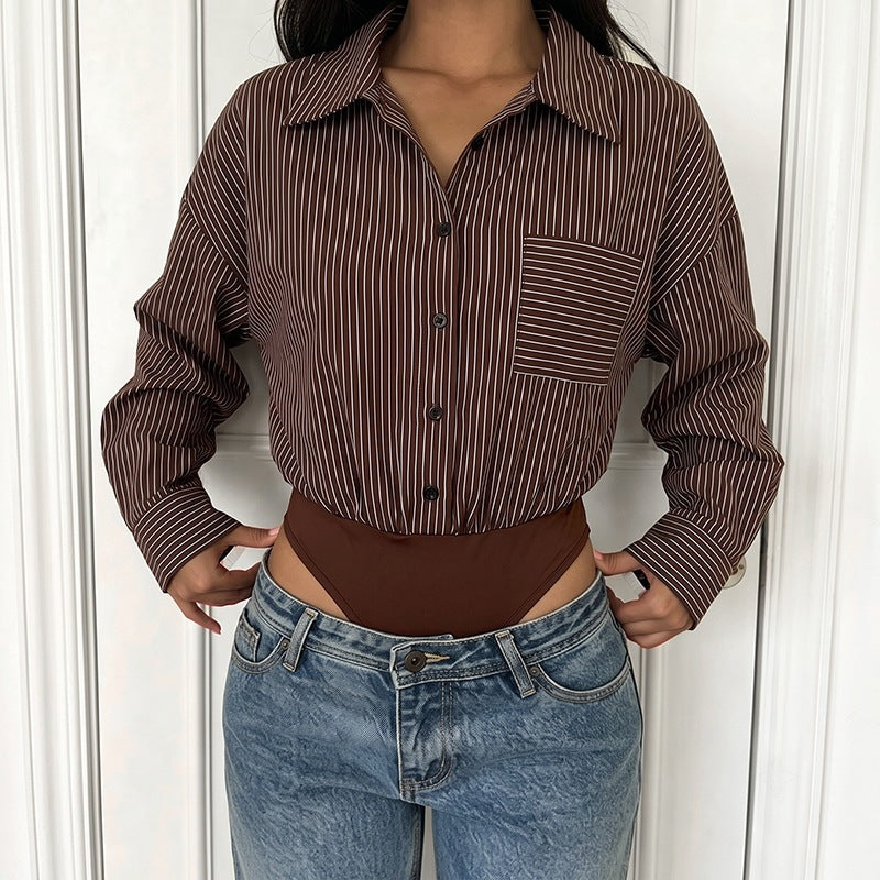 Pinstripe Oversized Button Down Shirt Bodysuit - Brown