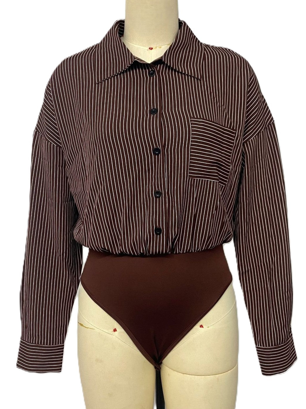 Pinstripe Oversized Button Down Shirt Bodysuit - Brown - 1