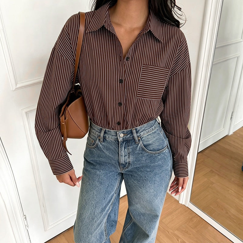 Pinstripe Oversized Button Down Shirt Bodysuit - Brown - 2