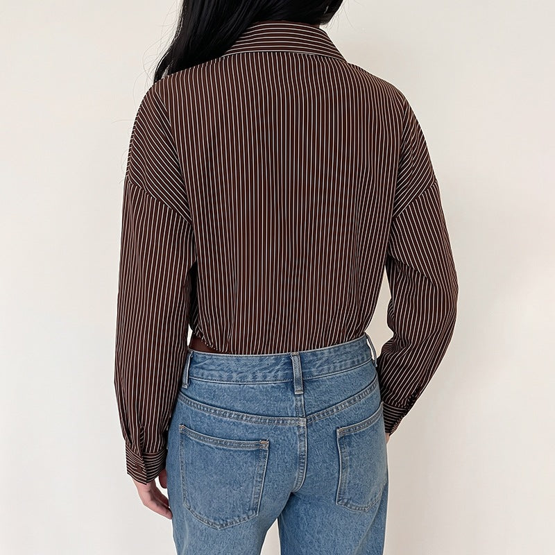 Pinstripe Oversized Button Down Shirt Bodysuit - Brown - 3