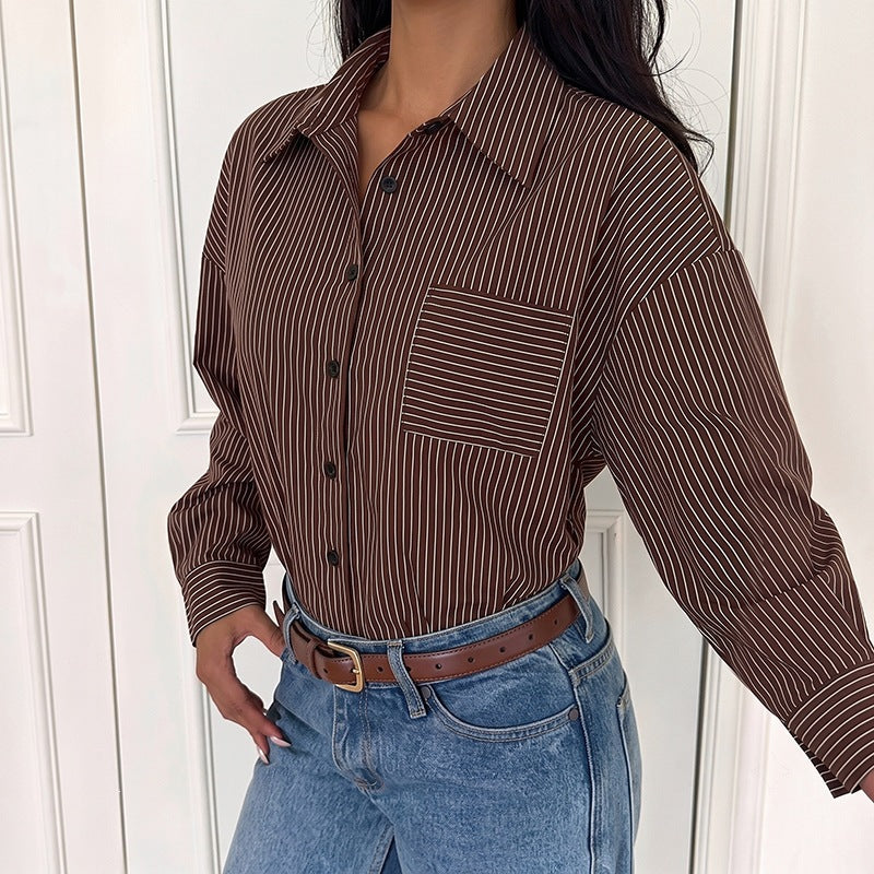 Pinstripe Oversized Button Down Shirt Bodysuit - Brown - 4