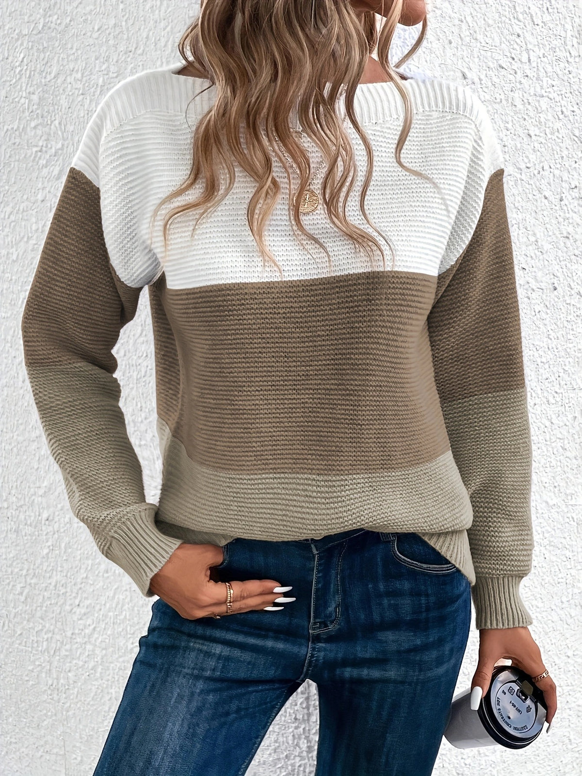 Wide Panel Boat Neck Knit Sweater - Brown