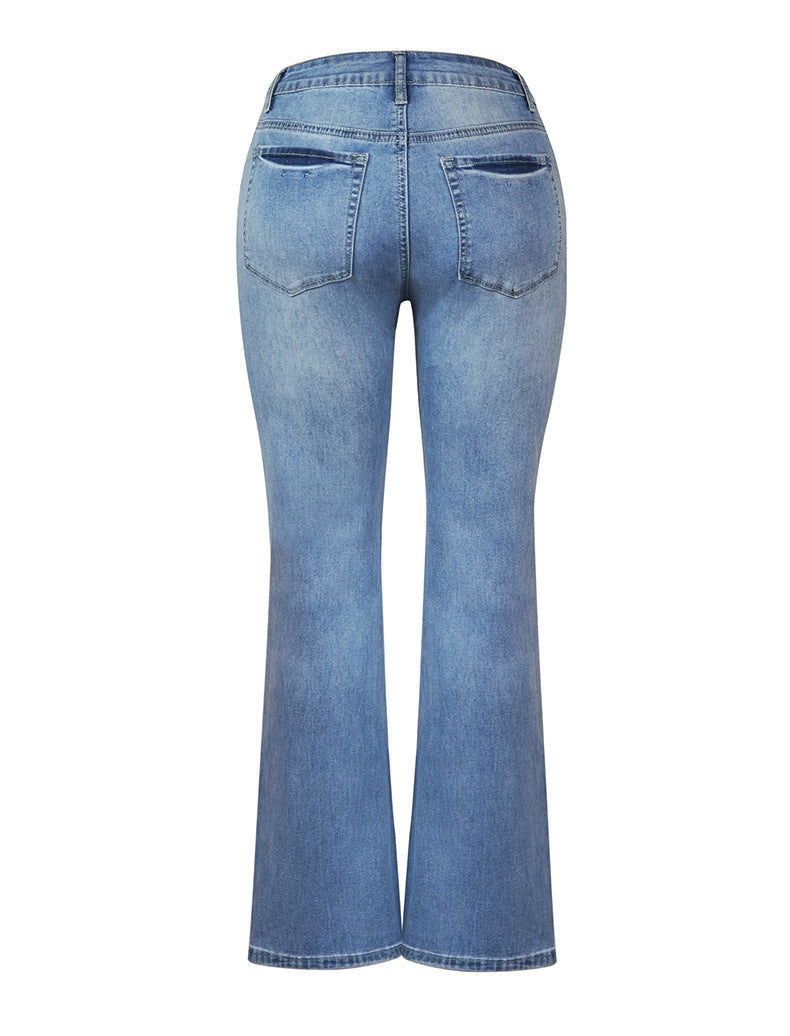 Faded Wash Button Front Bootcut Jeans - Light blue - 5