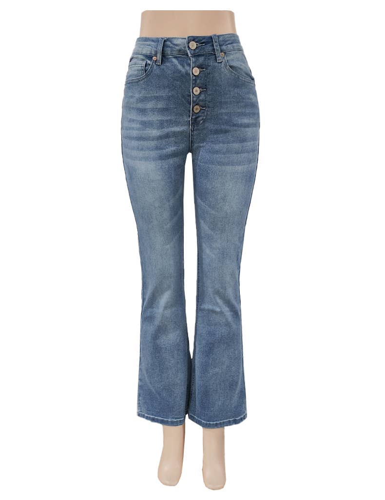 Faded Wash Button Front Bootcut Jeans