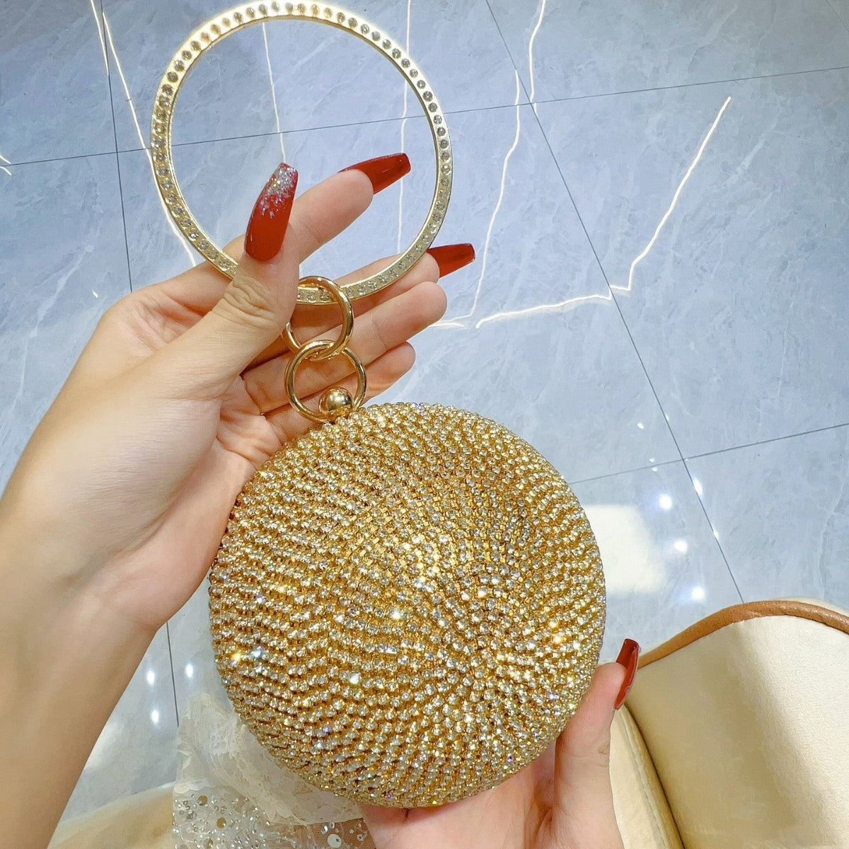 Rhinestone Ball Ring Handle Evening Bag