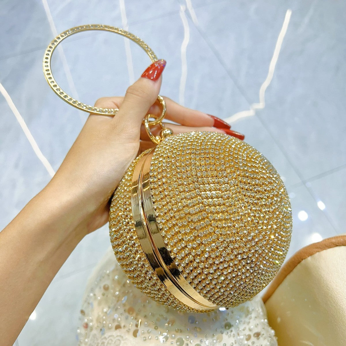 Rhinestone Ball Ring Handle Evening Bag