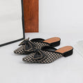 Bow Pointed Toe Block Heel Mules - Khaki Houndstooth