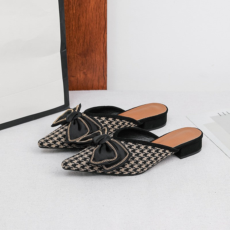 Bow Pointed Toe Block Heel Mules - Khaki Houndstooth