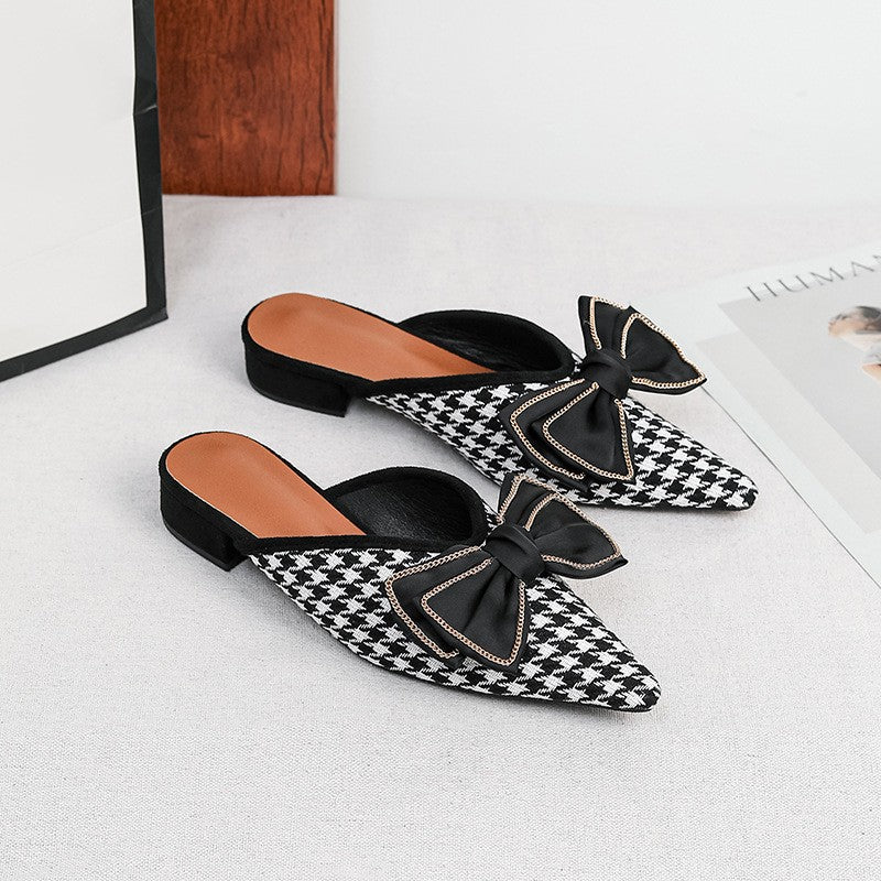 Bow Pointed Toe Block Heel Mules