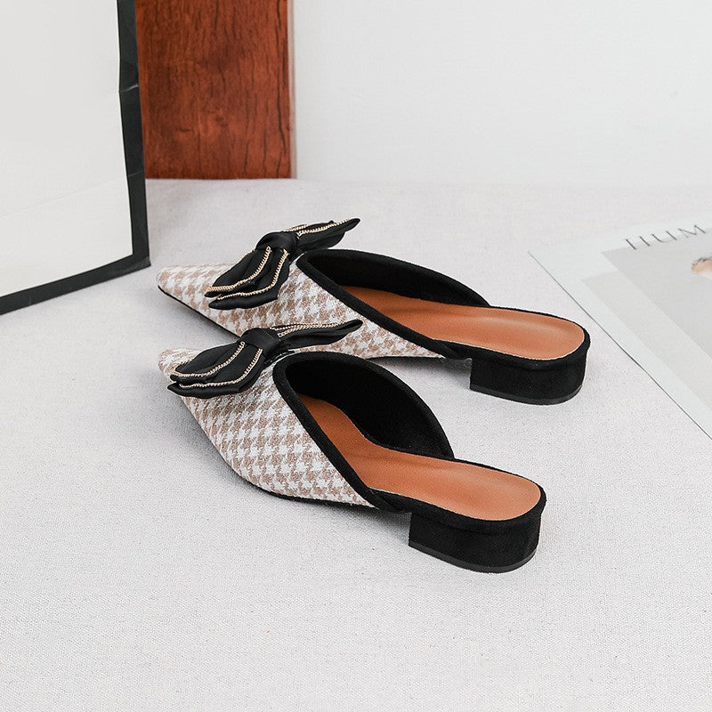 Bow Pointed Toe Block Heel Mules