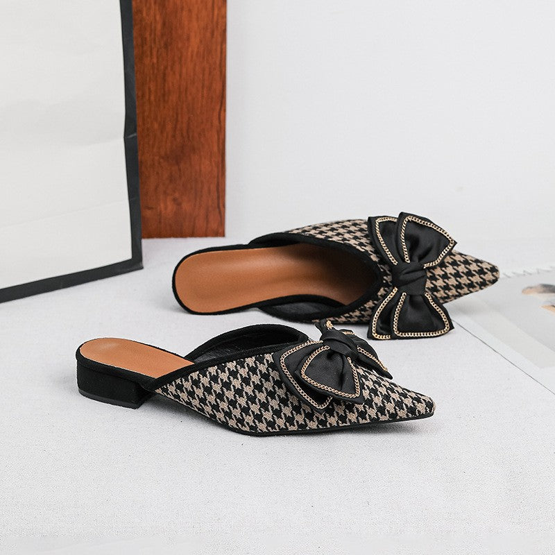 Bow Pointed Toe Block Heel Mules