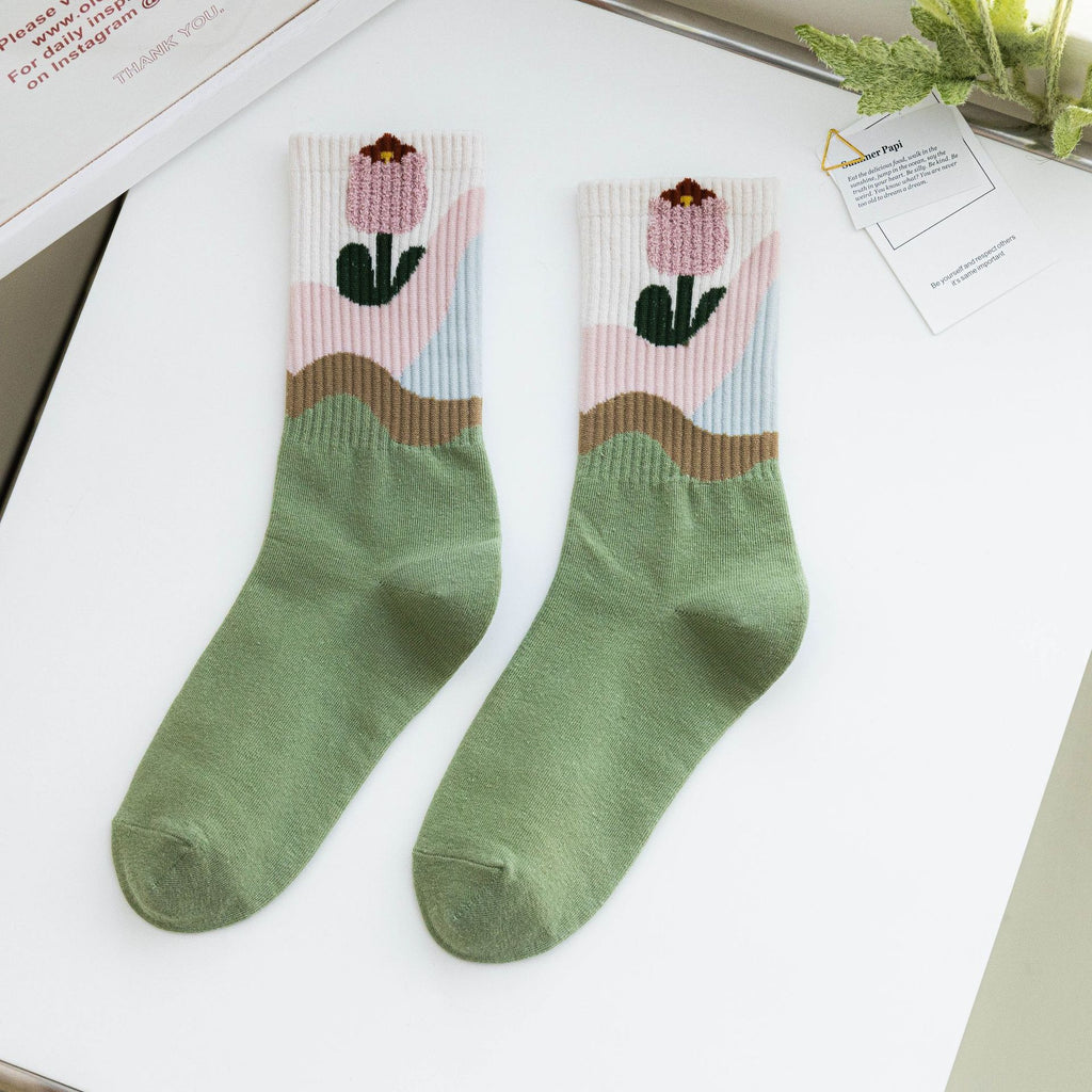 Textured Flower Applique Crew Socks - Green