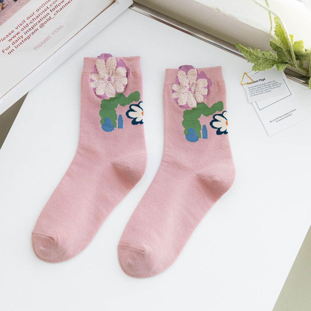 Textured Flower Applique Crew Socks - Pink