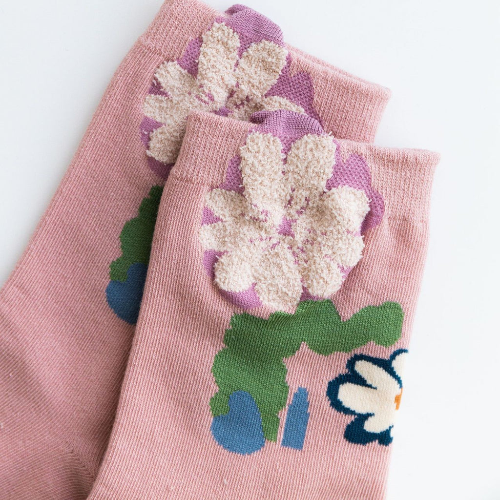 Textured Flower Applique Crew Socks - Pink - 2