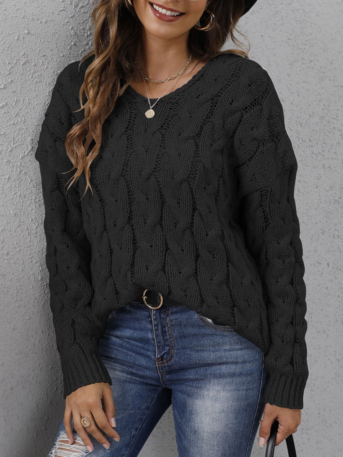 Hooded Cable Knit V Neck Oversized Sweater - Black