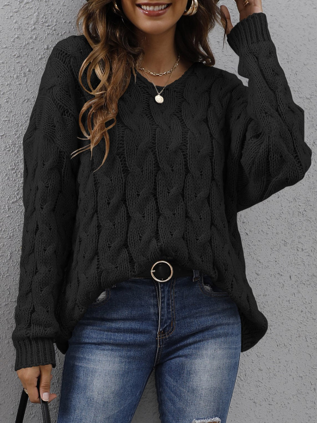 Hooded Cable Knit V Neck Oversized Sweater - Black - 2