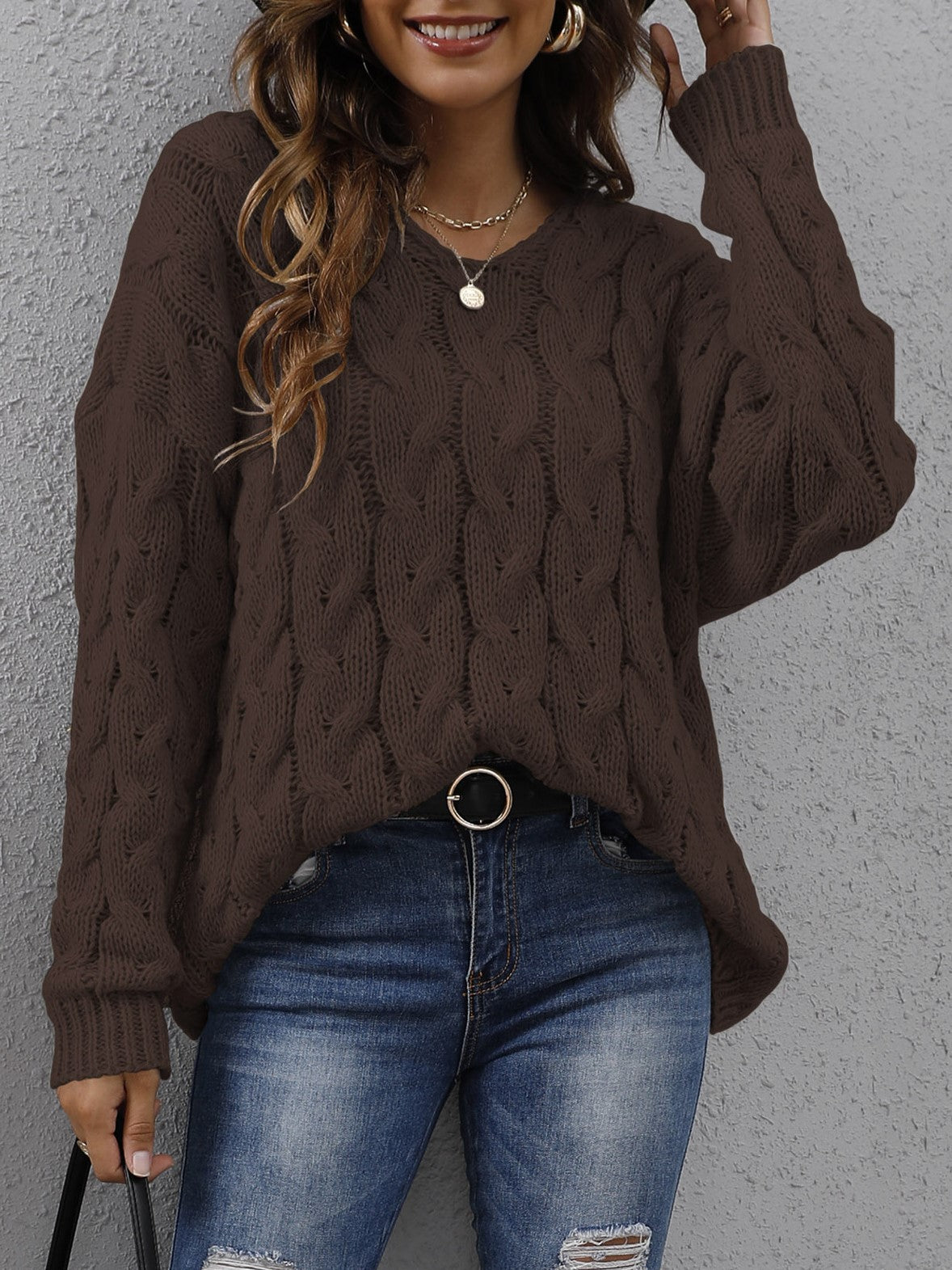 Hooded Cable Knit V Neck Oversized Sweater - Brown