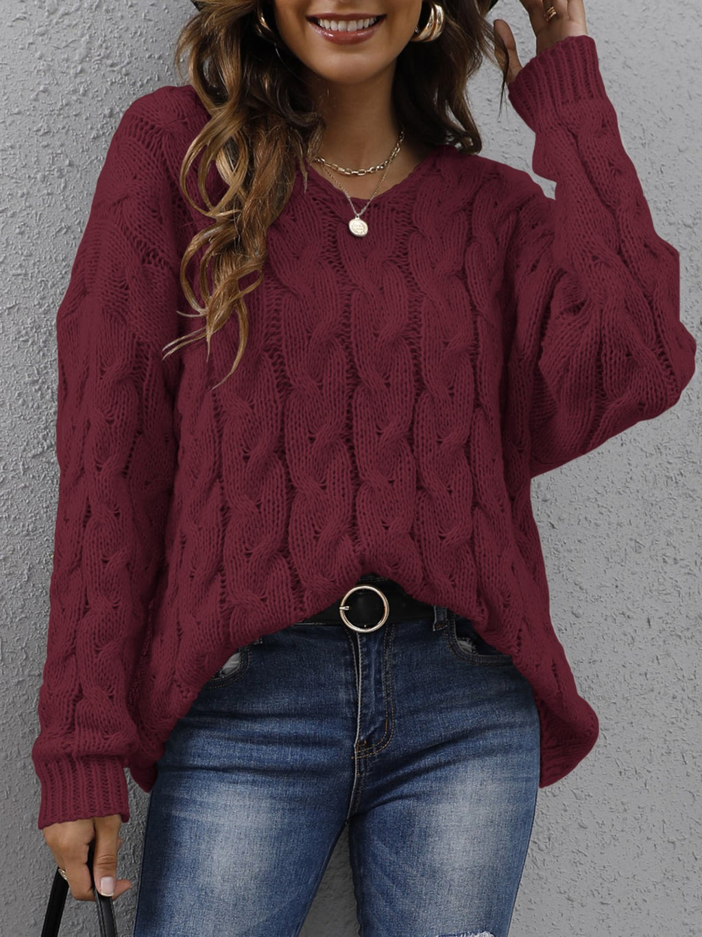 Hooded Cable Knit V Neck Oversized Sweater - Burgundy