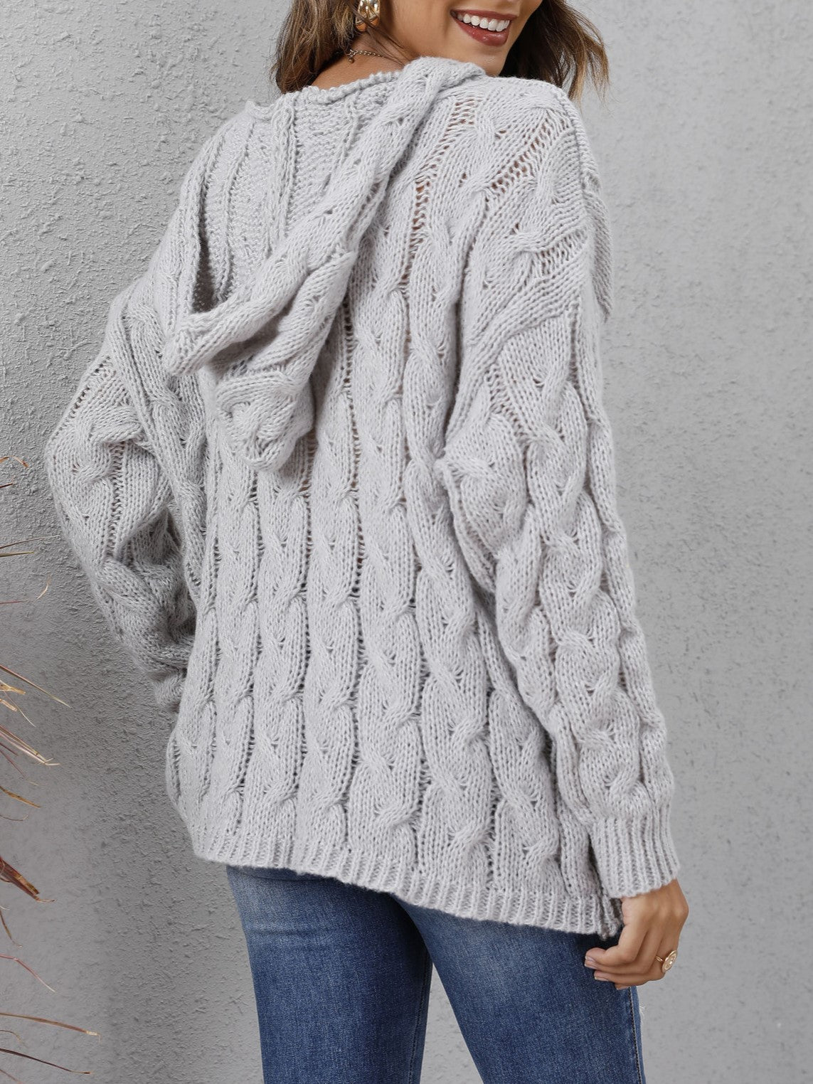 Hooded Cable Knit V Neck Oversized Sweater - Grey - 2