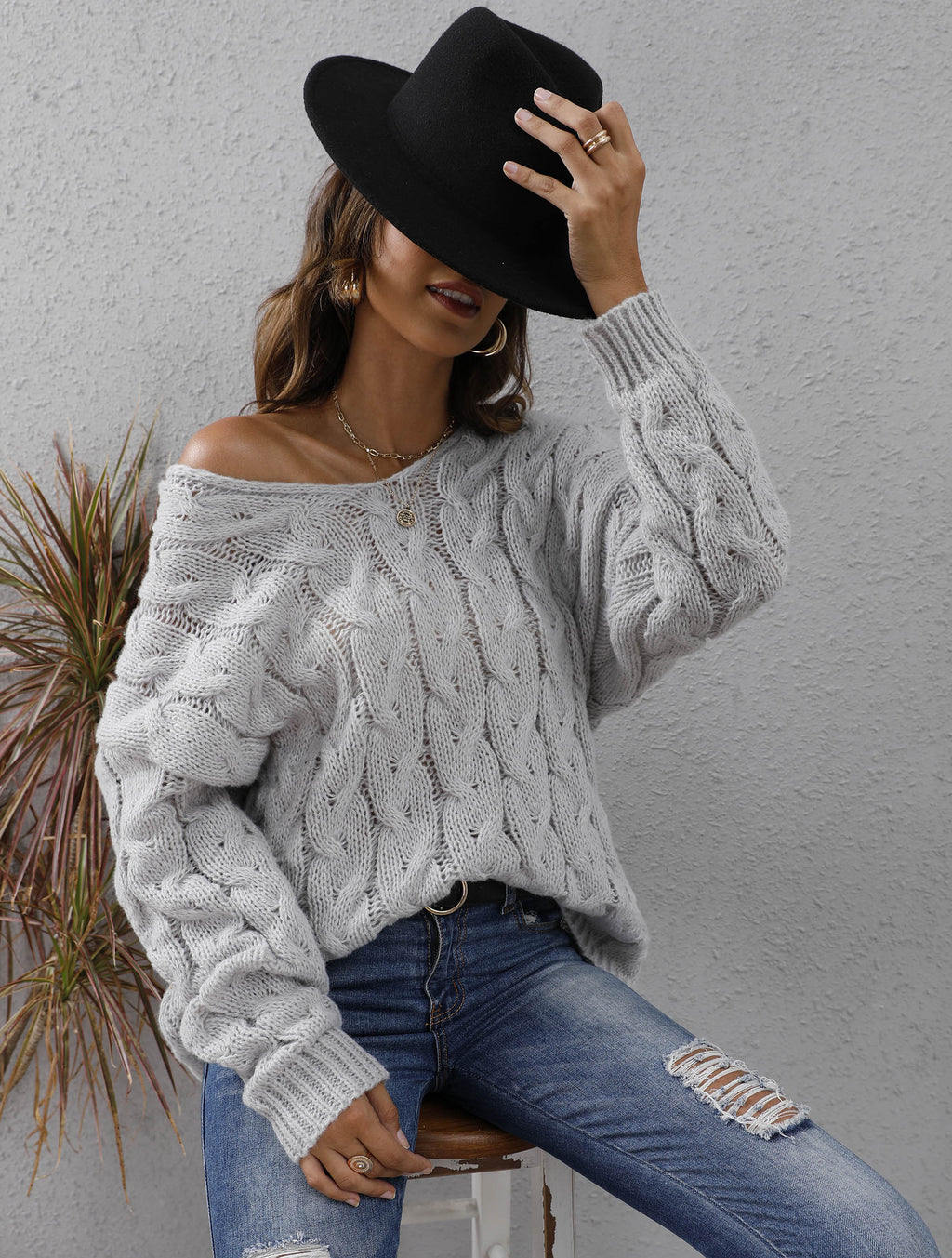 Hooded Cable Knit V Neck Oversized Sweater - Grey - 3