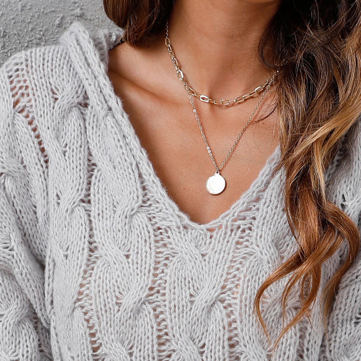 Hooded Cable Knit V Neck Oversized Sweater - Grey - 4