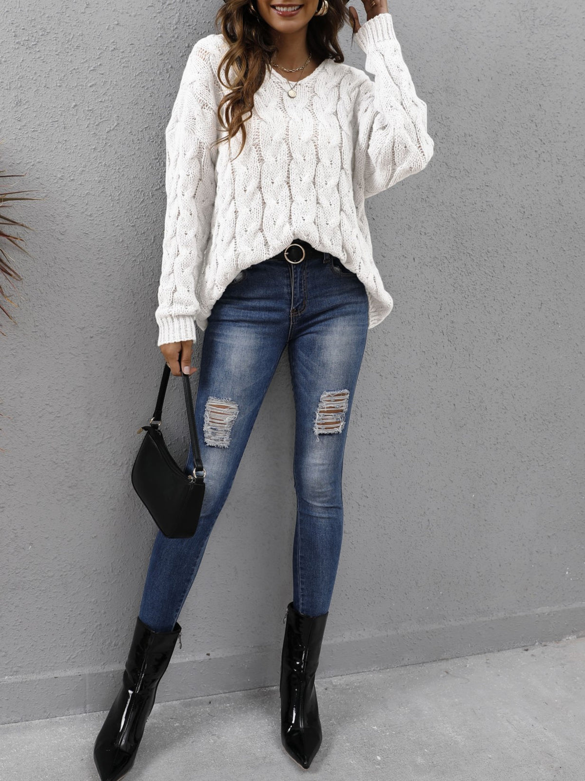 Hooded Cable Knit V Neck Oversized Sweater - White - 1