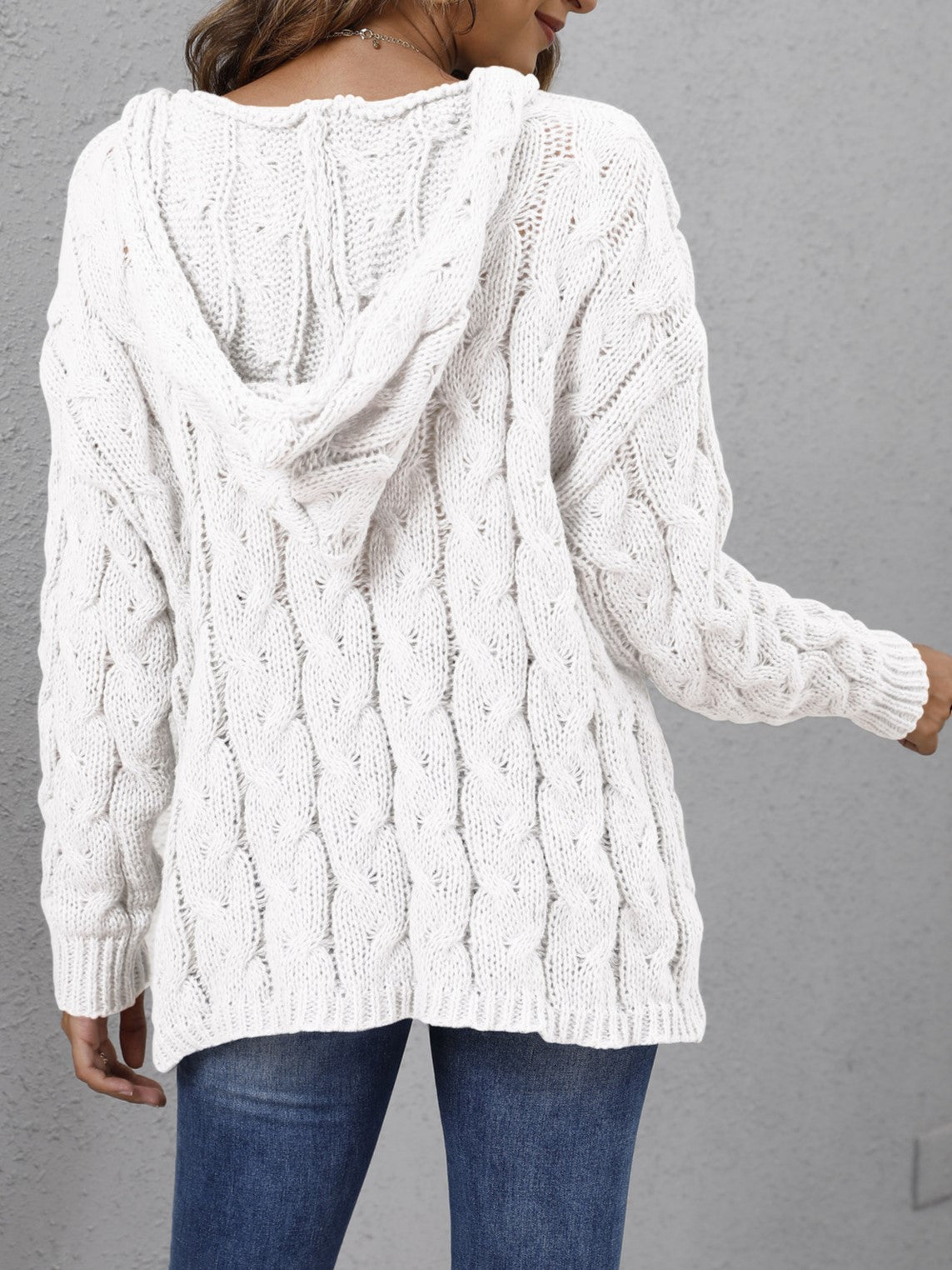 Hooded Cable Knit V Neck Oversized Sweater - White - 2