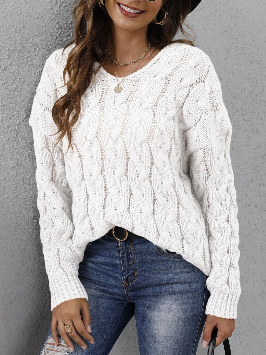 Hooded Cable Knit V Neck Oversized Sweater - White - 3