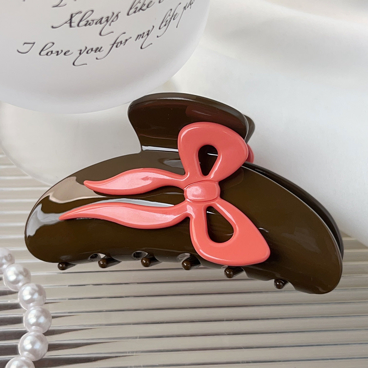 Glossy Oversized Ribbon Hair Claw Clip - Brown