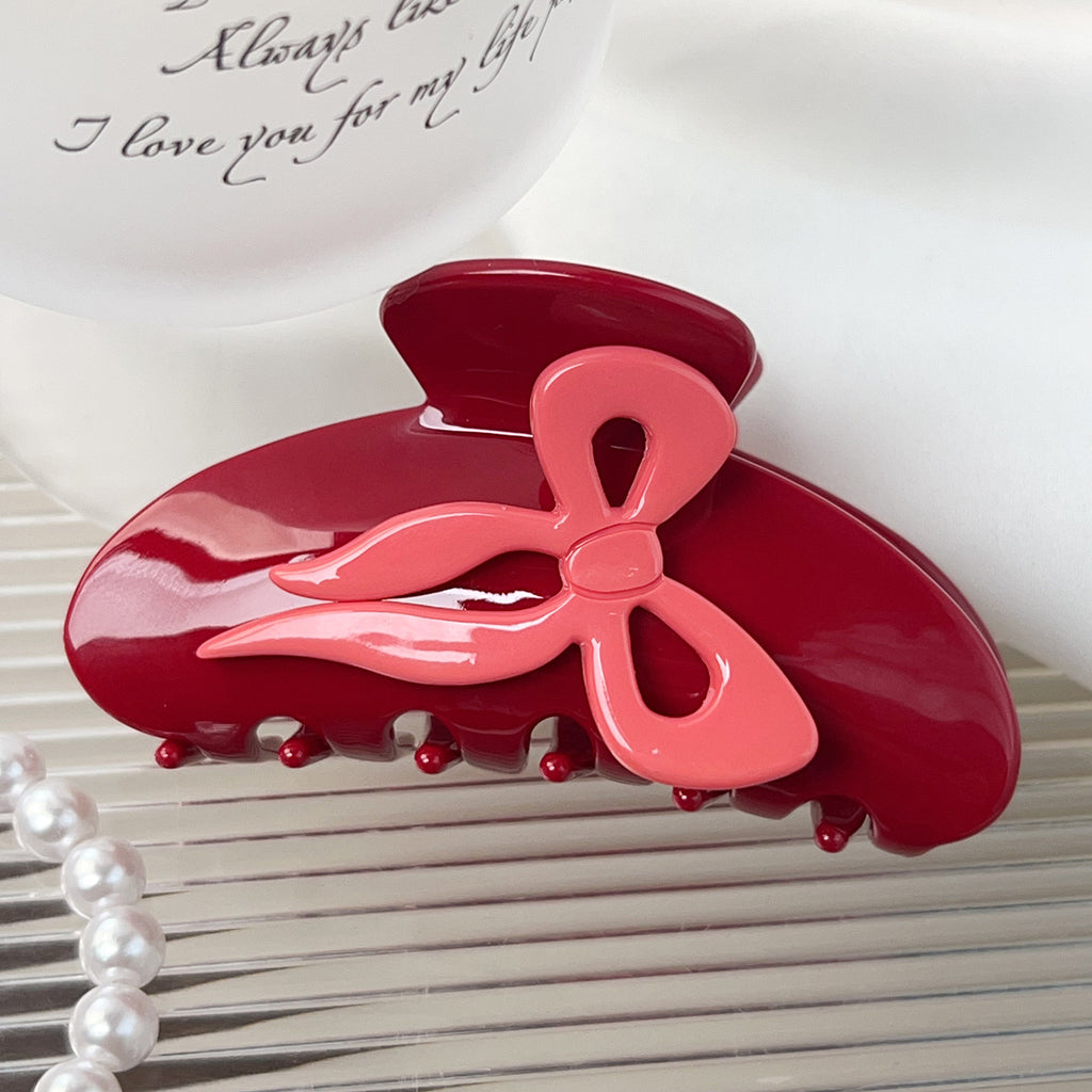 Glossy Oversized Ribbon Hair Claw Clip - Red