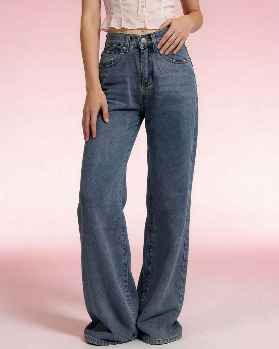 High Rise Wide Leg Jeans With Heart Patches - Blue