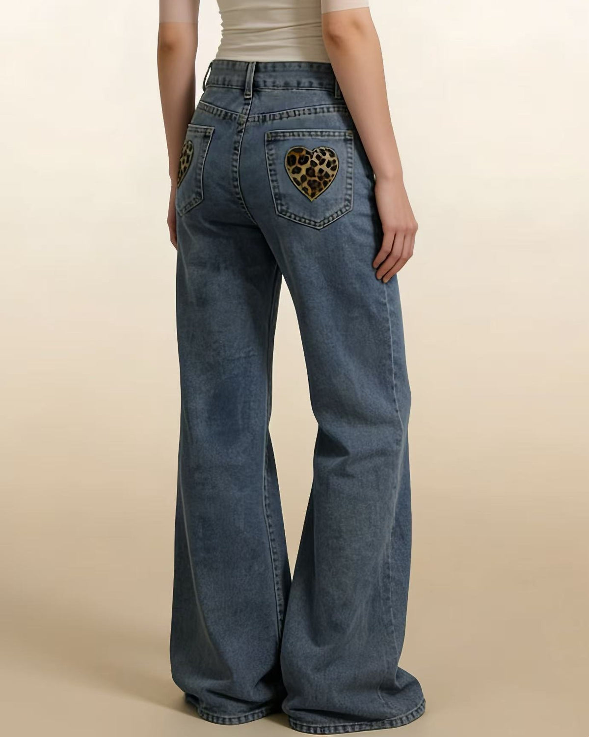 High Rise Wide Leg Jeans With Heart Patches - Blue - 3
