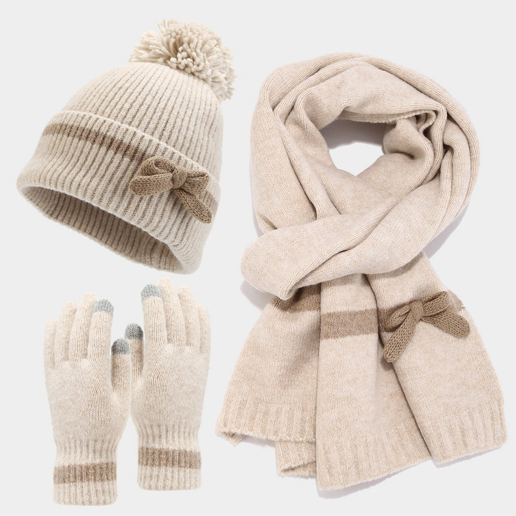 Bow Knit Scarf Set With Pom Beanie and Gloves - Beige
