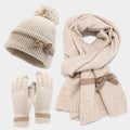 Bow Knit Scarf Set With Pom Beanie and Gloves - Beige