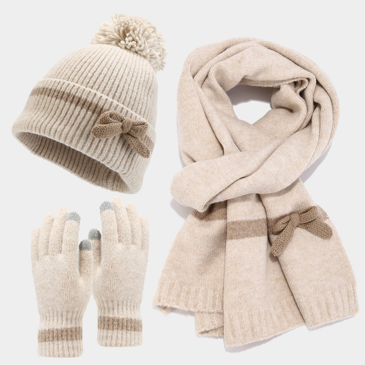 Bow Knit Scarf Set With Pom Beanie and Gloves - Beige