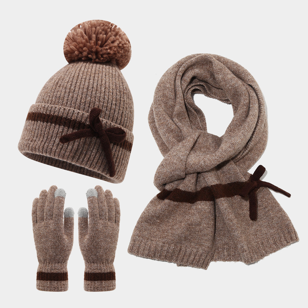 Bow Knit Scarf Set With Pom Beanie and Gloves - Coffee