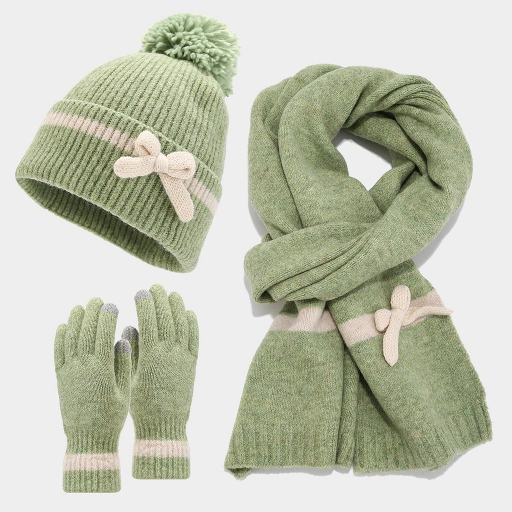 Bow Knit Scarf Set With Pom Beanie and Gloves - Green