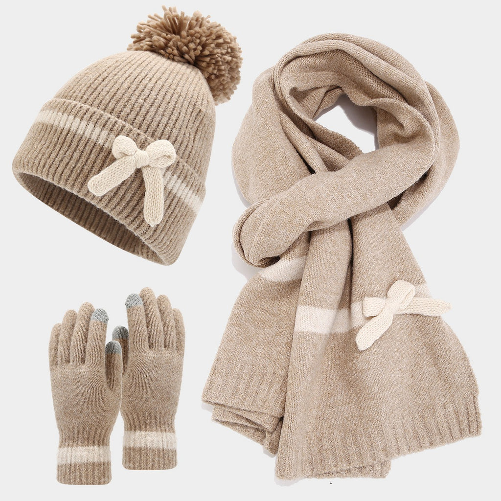 Bow Knit Scarf Set With Pom Beanie and Gloves - Khaki