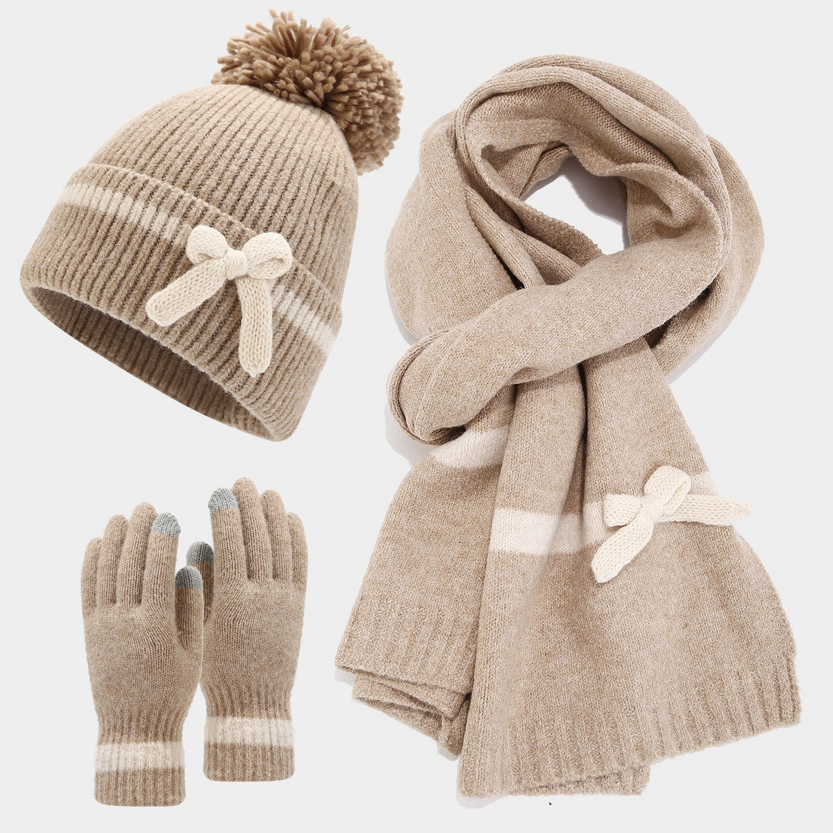 Bow Knit Scarf Set With Pom Beanie and Gloves - Khaki