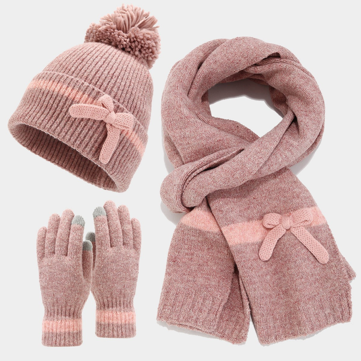 Bow Knit Scarf Set With Pom Beanie and Gloves - Pink