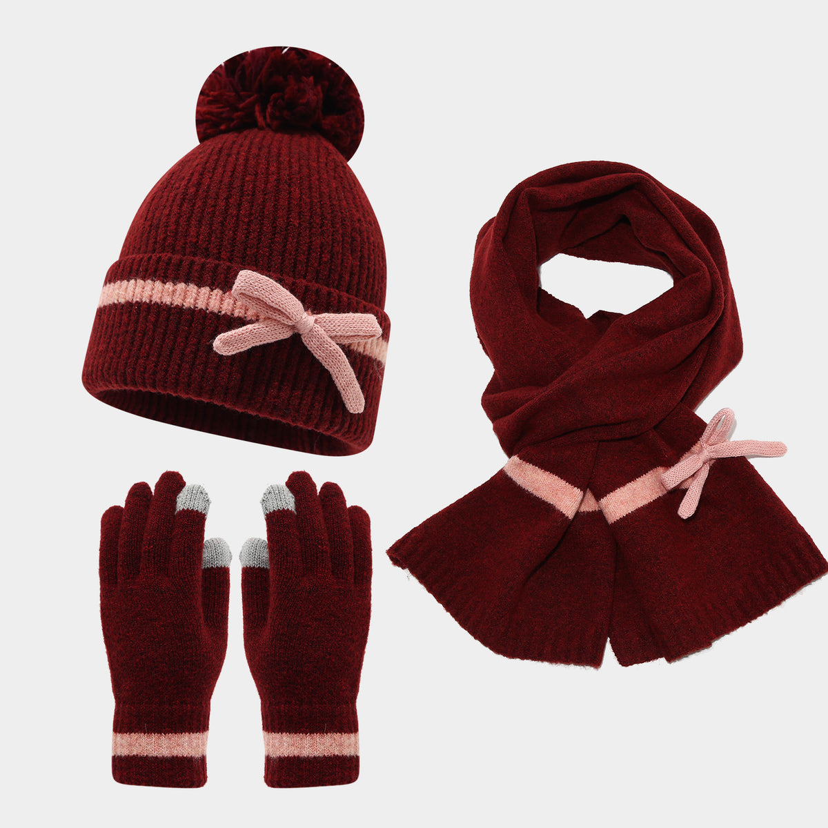 Bow Knit Scarf Set With Pom Beanie and Gloves - Wine_Red