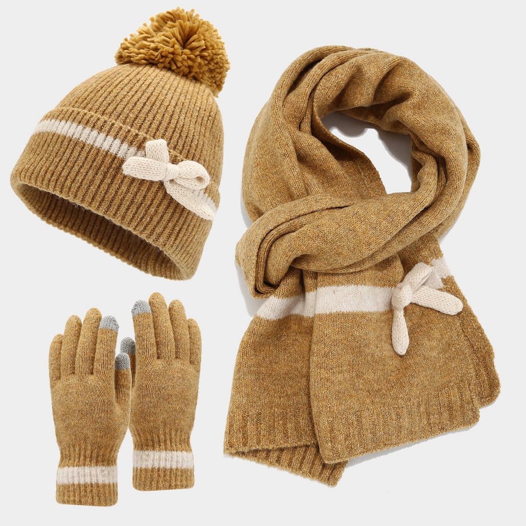 Bow Knit Scarf Set With Pom Beanie and Gloves - Yellow