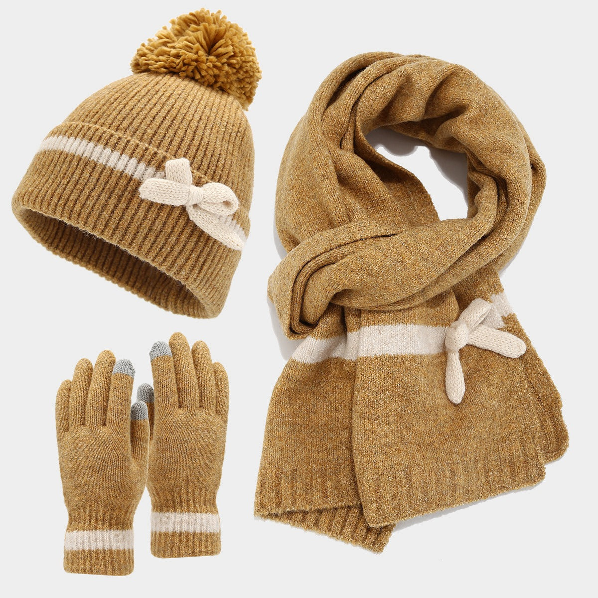 Bow Knit Scarf Set With Pom Beanie and Gloves - Yellow